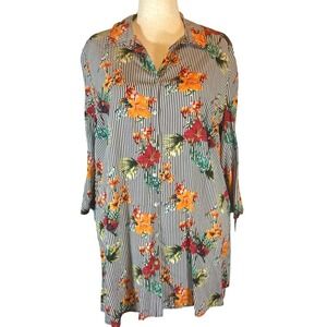 Chico's Black White Stripe Floral Print Tunic Shirt Women's Size 3